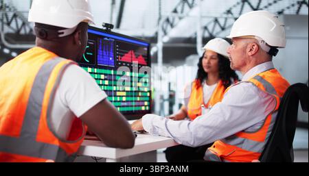 Young Engineers Learning SCADA Software For Automation At Construction Plant. A Diverse Group Of People Stock Photo