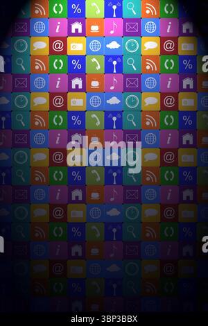 Icons are forming flat design mosaic grid on dark vignette background, showing colored app symbols Stock Photo