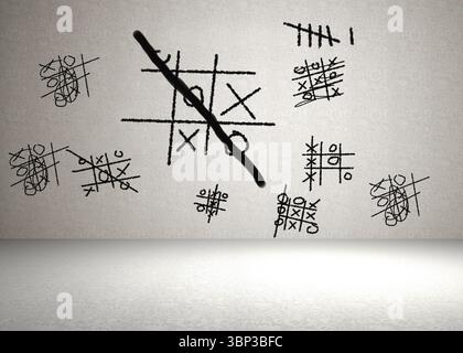 Flat illustration is showing large central tic tac toe grid on white wall featuring scribbles Stock Photo