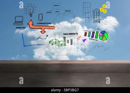 Colorful handdrawn strategy sketches are floating above slab under blue sky, light bulb charts cash Stock Photo