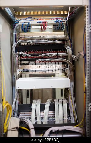 Network rack is showing 3D render of server room, featuring patch panels and bundled colored cables Stock Photo