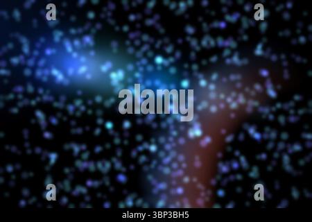 Soft glowing orbs are floating across dark flat design background, showing bokeh light particles Stock Photo