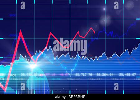Digital financial chart is displaying colored line graphs on dark blue grid with lens flares Stock Photo