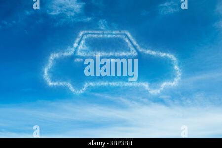 Stylized car-shaped cloud is forming in flat design blue sky with wispy cirrus streaks Stock Photo