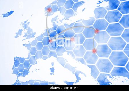 Flat design network map showing Europe silhouette with blue hexgrid, red nodes, silver arcing lines Stock Photo