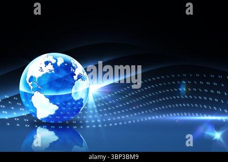 Glowing blue 3D Earth globe is hovering on mirror surface, binary code digits are streaming Stock Photo
