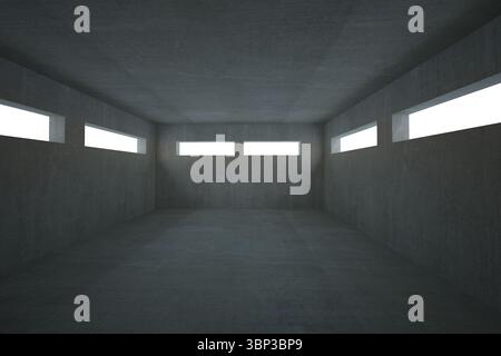 Empty concrete room is featuring bright light streaming through narrow slit windows in flat design Stock Photo