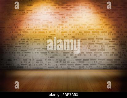 flat design is showing stage set with exposed brick wall and wooden floor glowing under spotlights Stock Photo