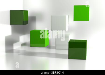 Six glossy green and off-white 3D cubes are resting on reflective white floor in seamless backdrop Stock Photo