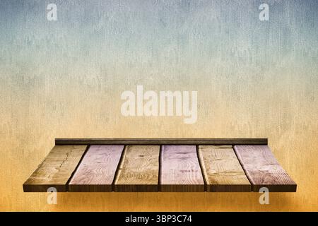 Wooden floating shelf is showcasing wood grain against textured gradient wall, flat design Stock Photo