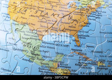 Puzzle globe. Map made from puzzle pieces. Gulf of Mexico Stock Photo
