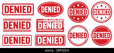 Denied Stamp vector set. Denied Rubber Stamp design collection. Denied Grunge stamp pack. Seal Denied. Vector illustration image. Isolated one white b Stock Vector
