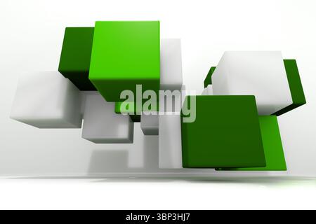 Green and white cubes are floating above surface with white-grey gradient backdrop in 3D render Stock Photo