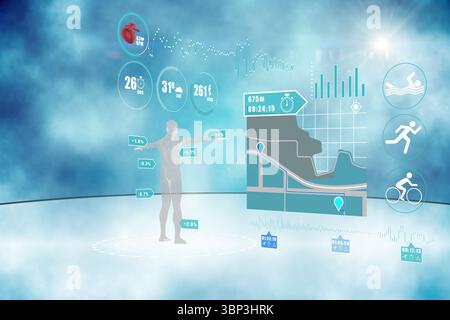 Translucent 3D silhouette is standing on platform among floating fitness icons, panels in blue mist Stock Photo