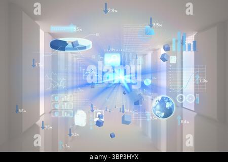 3D render is projecting floating holographic charts cubes globe search icon data points in corridor Stock Photo