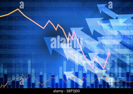 Pink jagged trend line is slicing flat design chart showing bars, orange line, arrows, stock codes Stock Photo