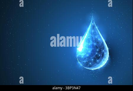 Drop. Low poly wireframe water drop on dark blue with dots and stars. Stock Vector