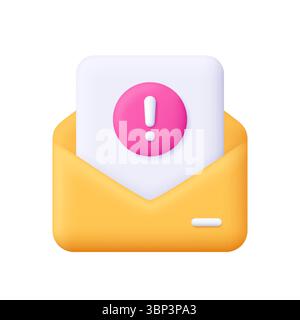 Yellow envelope with document file and exclamation mark. Message, alert, warning, notification, post mail, email concept. 3d vector icon. Cartoon mini Stock Vector