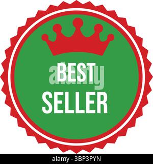 Red and Green Scalloped “Best Seller” Crown Badge Graphic Stock Vector