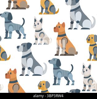 Vector seamless pattern with robot dogs of different breeds on white background. Texture with technological pets. Background with animals cyborg for w Stock Vector