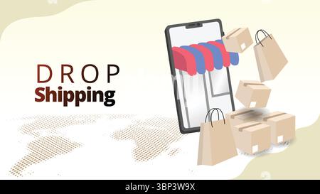 drop shipping concept.mobile screen shopping with package.  supply chain management illustration vector illustration Stock Vector