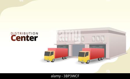 distribution center concept. trucks loading in front of production warehouese. supply chain management illustration vector illustration Stock Vector