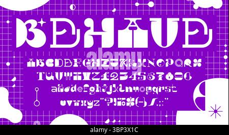 Abstract modern brutal font, geometric typeface letters. Vector Y2K groovy alphabet. Bold decorative abc uppercase and lowercase letters, numbers and Stock Vector