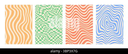 Psychedelic groovy pattern backgrounds set. Vector retro optical illusion with swirled, wavy, checkered and hypnotic distorted ornaments in orange, ye Stock Vector
