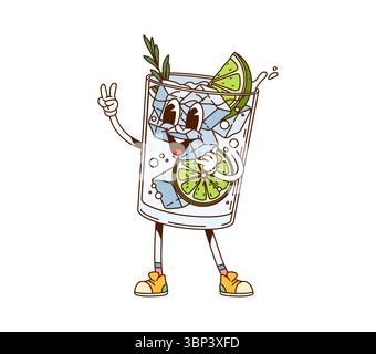 Gin tonic cocktail drink groovy retro character. Alcohol cocktail groovy 60s vector cheerful character, party drink cute personage. Tropical cocktail Stock Vector