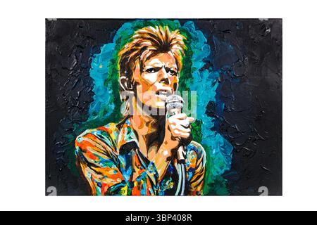 Colorful acrylic painting of  singer David Bowie holding a microphone against a vibrant background, capturing expressive performance energy Stock Photo