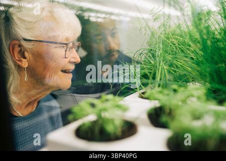 Smiling senior woman looking at plants through glass Stock Photo