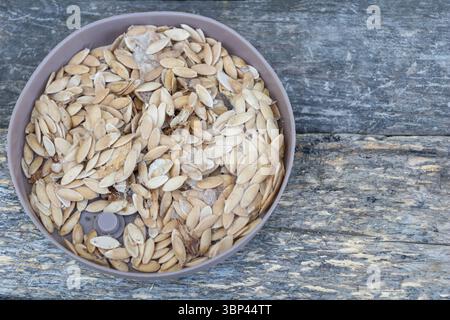 Bowl filled with melon seeds placed on rustic wooden surface, ready for drying or planting Stock Photo