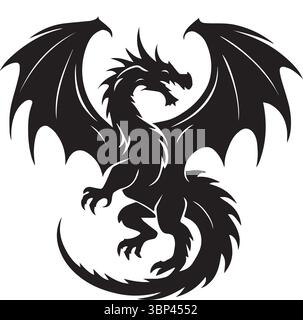 Silhouette of Fierce Dragon with Wings and Curved Tail in Fantasy Style Stock Vector