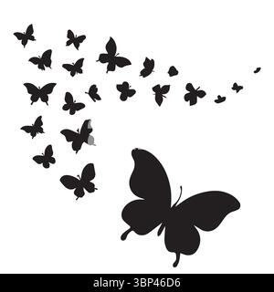 Silhouette of Butterflies in Flight Across White Background Stock Vector