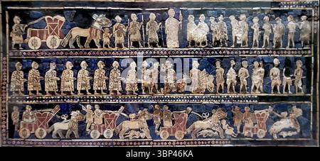 Sumerian Shell Inlay Standard of Ur. Mosaic of shell, red limestone and lapis lazuli. Royal ...