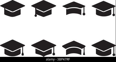 Set of Black Graduation Cap Silhouettes in Minimal Vector Style Stock Vector
