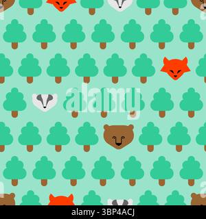 Forest with bear pattern seamless. Trees and bears background. Baby fabric texture Stock Vector