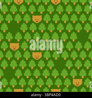 Forest with bear pattern seamless. Trees and bears background. Baby fabric texture Stock Vector