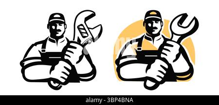 Repairman in cap and overalls holding adjustable wrench. Mechanic engineer, technician emblem. Builder with working tool Stock Vector