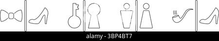 Bow Tie, Key, Gender Symbols, Pipe and High Heel Line Icon Set. Gender Differentiation Outline Symbol Collection. Set of Male and Female Restroom Stock Vector