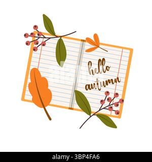 White isolated flat vector with colorful set of objects for school or office. Back to school set with pen, notebooks and autumn leaves Stock Vector