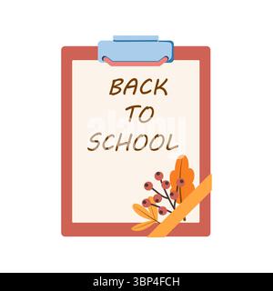 White isolated flat vector with colorful set of objects for school or office. Back to school set with pen, notebooks and autumn leaves Stock Vector