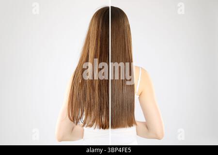 Hair combing, straightening. Woman showing hairstyle before and after different procedures on white background, back view. Photo divided in halves Stock Photo