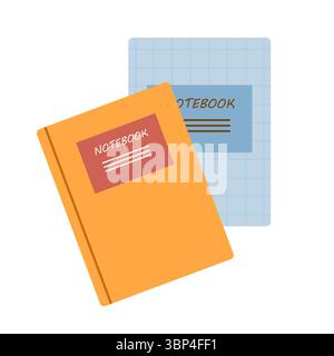 White isolated flat vector with colorful set of objects for school or office. Back to school set with pen, notebooks and autumn leaves Stock Vector