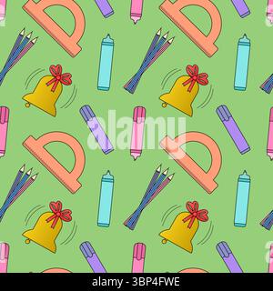 Seamless pattern with school bells, pencils, markers, and protractors on green background. For back to school theme, school or office supplies, statio Stock Vector