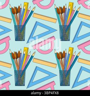 Seamless pattern with colorful school stationery with pencils, paintbrushes, rulers, and protractors in pencil holders. For back to school theme, scho Stock Vector