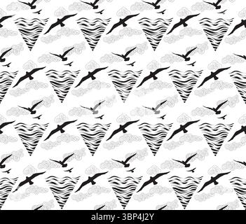Seamless pattern with birds flying in the sky with clouds over sea waves. Nature sea view ornamental line drawn background Stock Vector