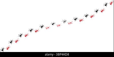 Silhouettes of ants marching in neat lines, showcasing teamwork and organization, Ant Trail Illustration - Black Line Ants Design Stock Vector