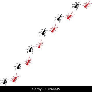 Silhouettes of ants marching in neat lines, showcasing teamwork and organization, Ant Trail Illustration - Black Line Ants Design Stock Vector