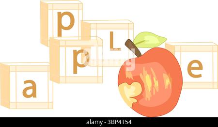 The word apple is assembled from cubes. A bitten apple nearby Stock Vector